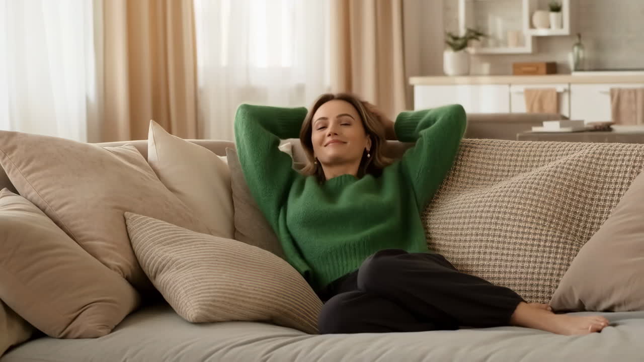 Woman Stretching and Relaxing on a Sofa at Home