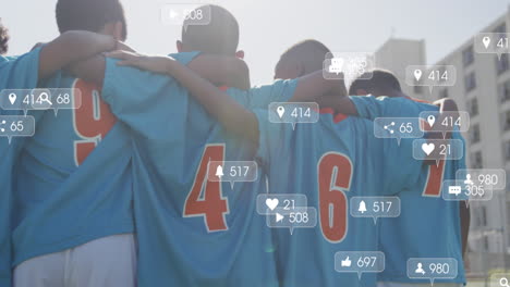 animation of social media icons, text and data processing over diverse football players