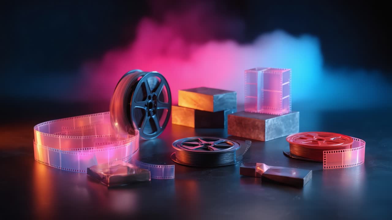 Captivating Still Life of Film Reels and Film Strips Surrounded by Colorful Smoke Effects, Showcasing the Artistry of Cinematic Elements in a Stunning Arrangement