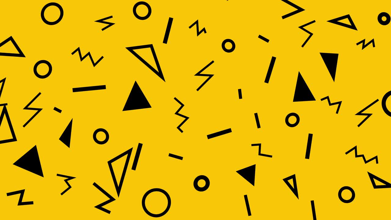 Retro abstract design yellow pattern background with colorful triangles, circles, lines and zigzags. Memphis style with geometrical shapes. Loop.