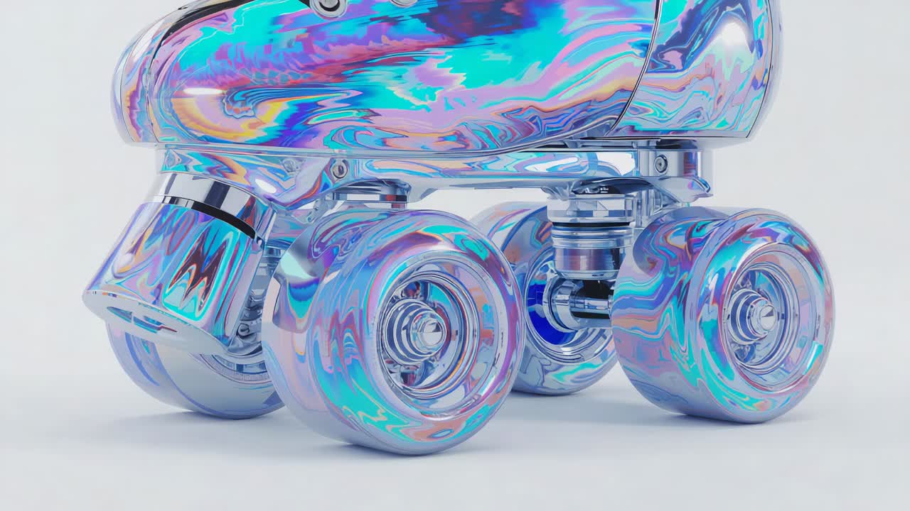Moving camera revealing chrome quad skate on white studio floor, showing wheels and trucks