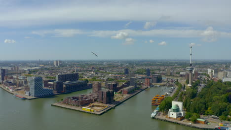 establishing drone shot of euromast and schiemond rotterdam netherlands