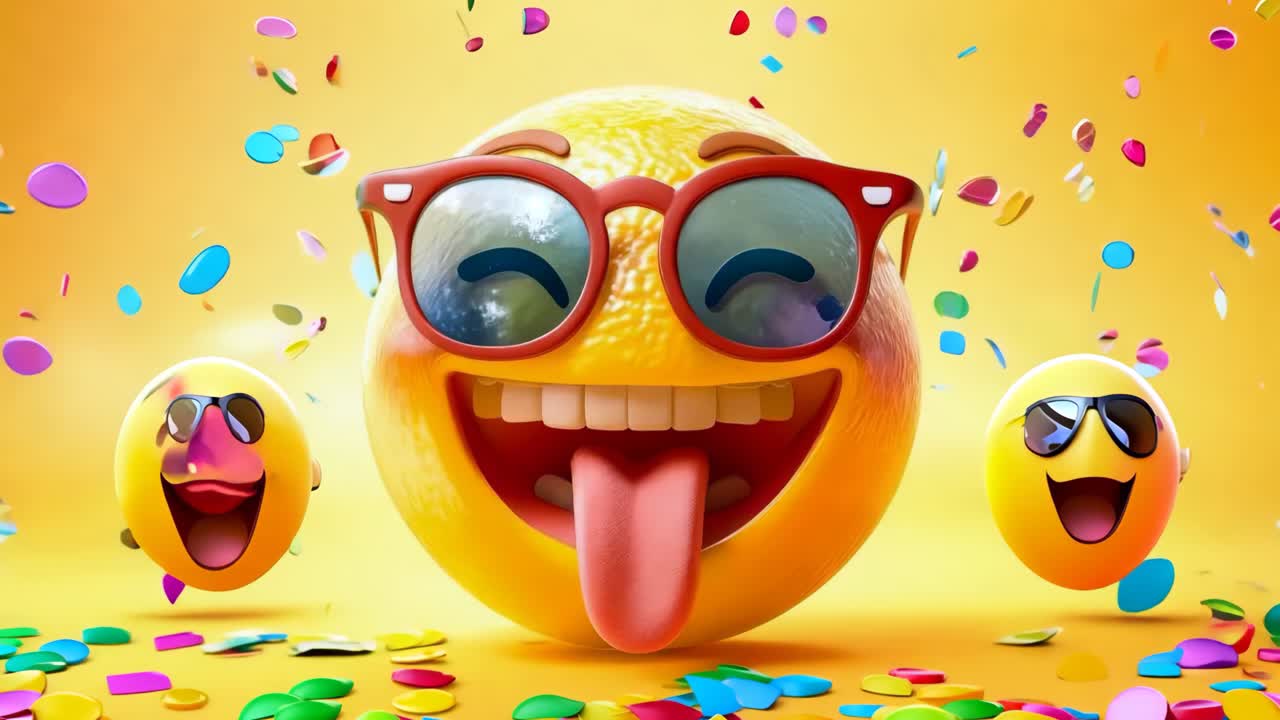 un grupo de caras sonrientes con gafas de sol y confeti cayendo a su alrededor