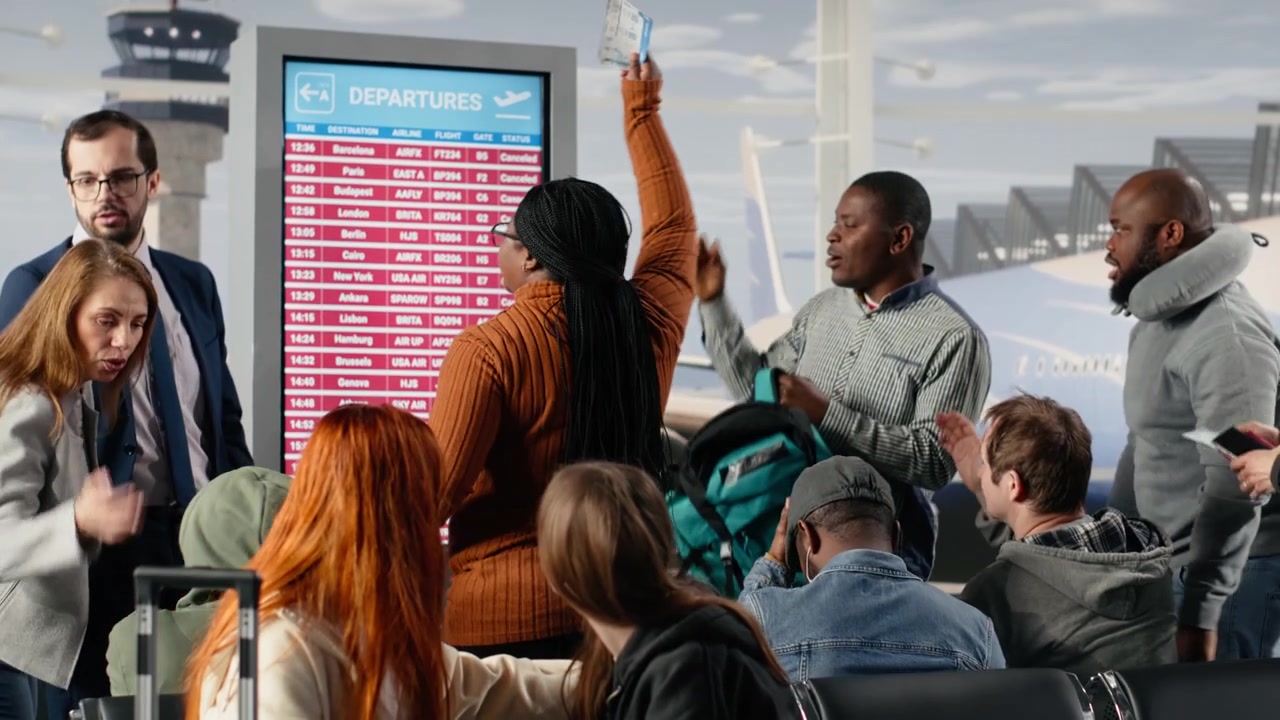 Dejected by plane being late, FIDS screen and upset men with women in airport