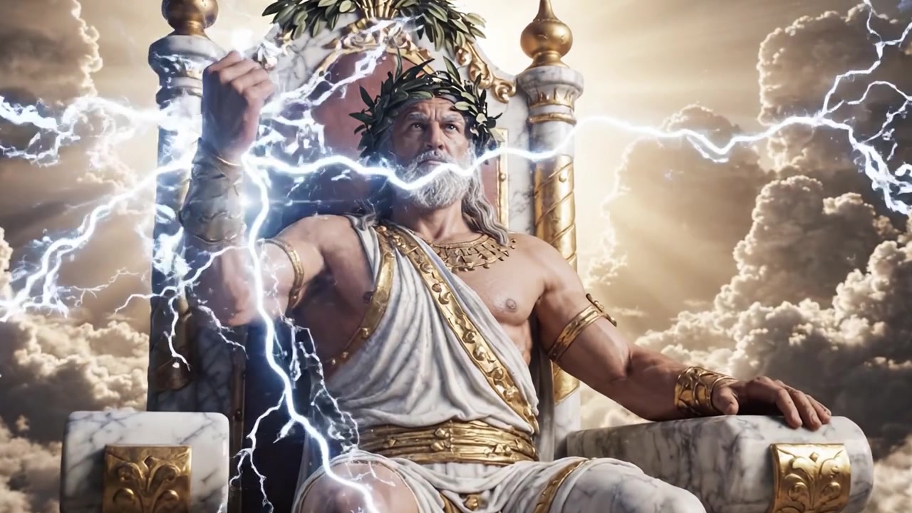 Figura Majestosa Retratada como uma Divindade Poderosa Sentada em um Trono Dourado, Comandando Raios e Cercada por Nuvens Iluminadas em Meio a um Céu Épico