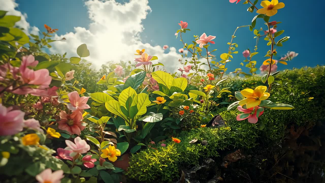 Sunlight urging camera tilting and pulling up, revealing mossy ledge with flowers against blue sky