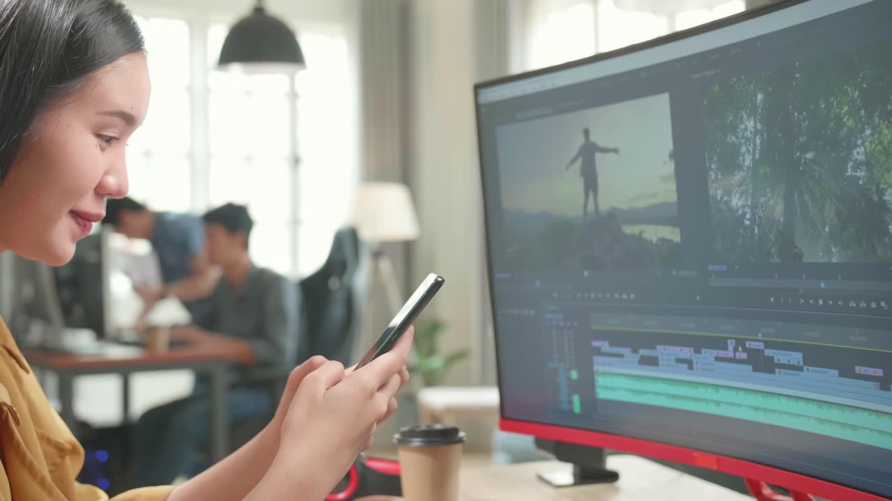 Asian Female Video Editor Works And Using Mobile Phone With Her Personal Computer In Office
