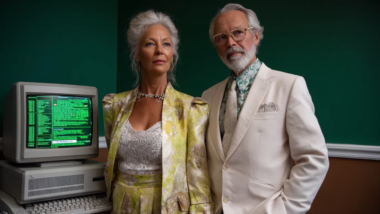 A couple in elegant attire stands confidently beside an old computer, embodying a unique fusion of vintage technology and sophisticated style in a striking setting