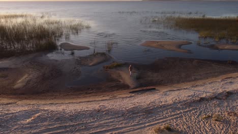 Toma-Aérea-De-Un-Fotógrafo-Caminando-En-La-Orilla-Arenosa-Tomando-Fotos-Del-Pintoresco-Paisaje-Lacustre-De-Uruguay-Durante-La-Puesta-De-Sol