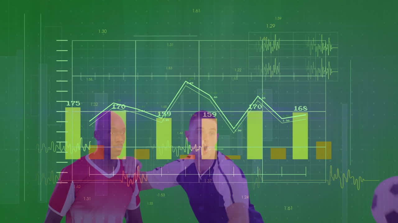 Analyzing sports data, two athletes with animation and graphs on green background