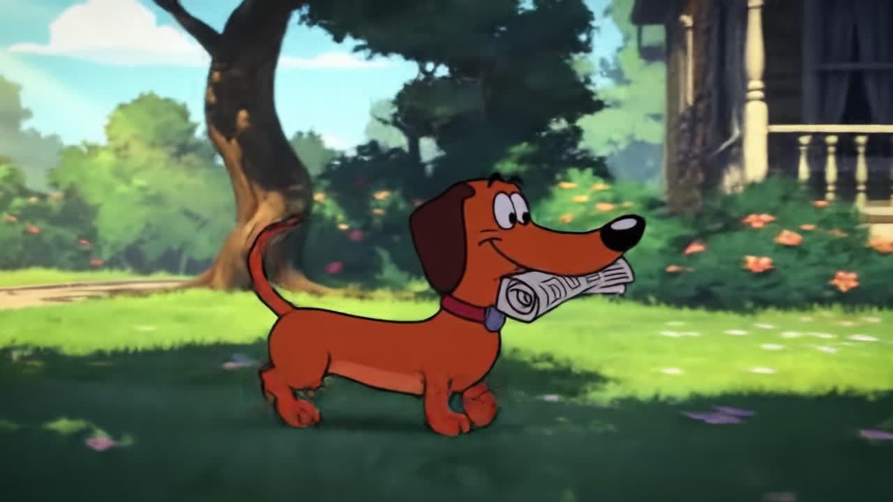 A playful cartoon dog happily delivers the morning newspaper, showcasing its cheerful demeanor and animated charm in a vibrant outdoor setting rich in greenery.