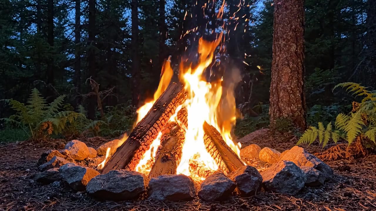 A Cozy Campfire Glowing in the Wilderness, Surrounded by Lush Greenery and Rocks, Offering a Tranquil Atmosphere Perfect for Gathering and Reflection