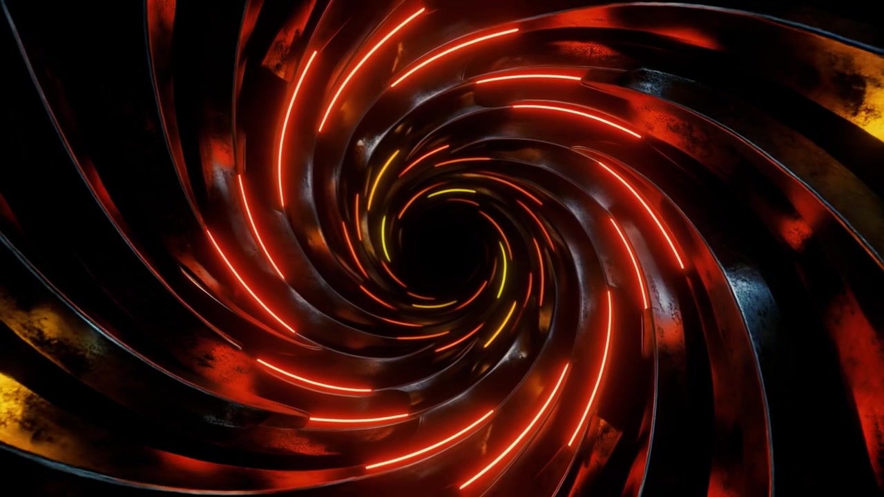 Tunnel a Spirale Astratto con Luci al Neon Rosse e Gialle Incandescenti