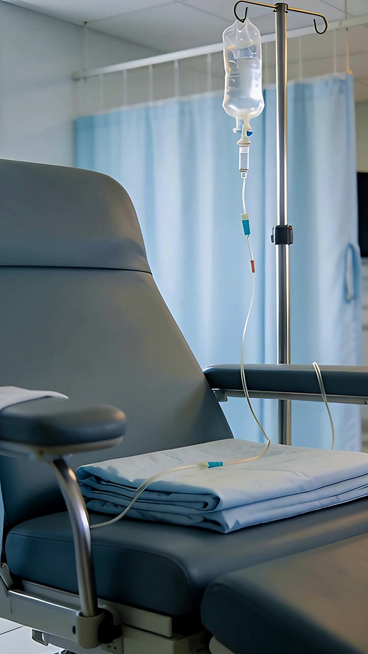 Video verticale: Movimento di camera che rivela una sedia in una clinica, mostrando la camera di gocciolamento e il tubicino che si stabilizzano