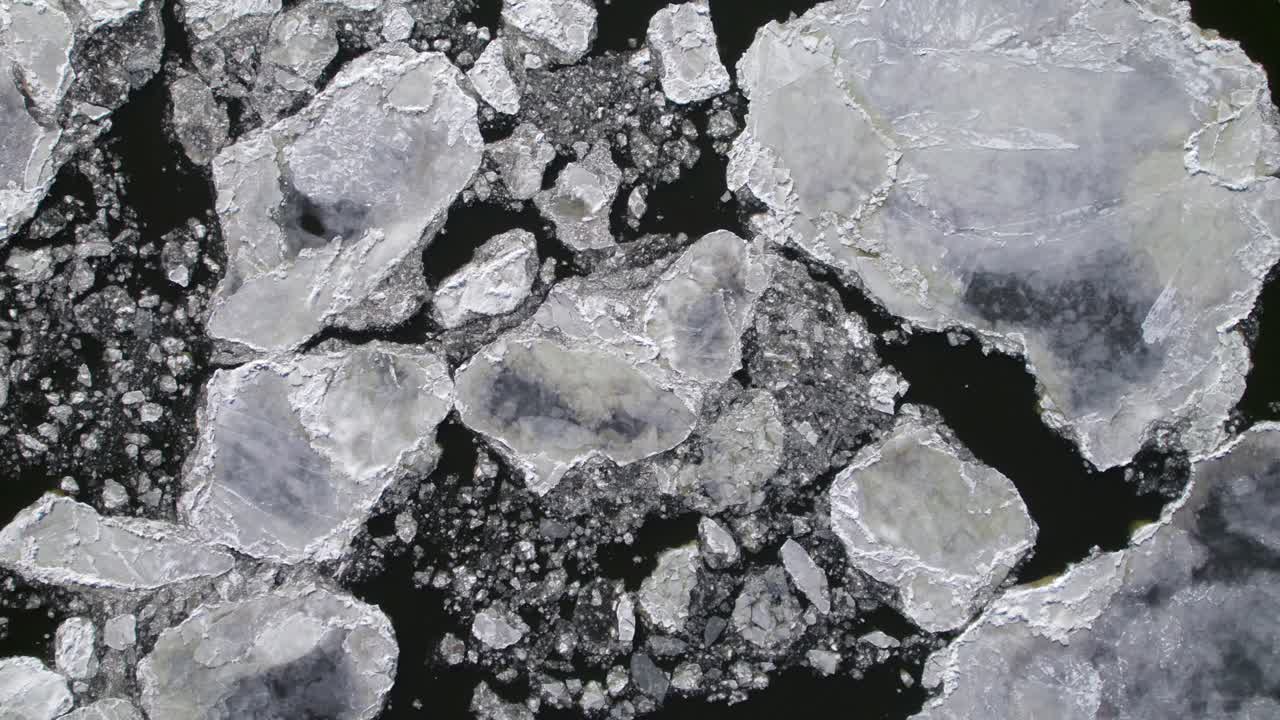 Overhead aerial of iceberg formations on slow moving river, 4K