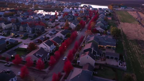 Colorful-Fall-Suburbs-Neighborhood-Late-Night-Sunset-Car-Drone-Shot-4K