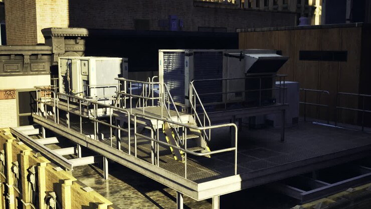 Industrial rooftop area with air conditioning units in urban setting