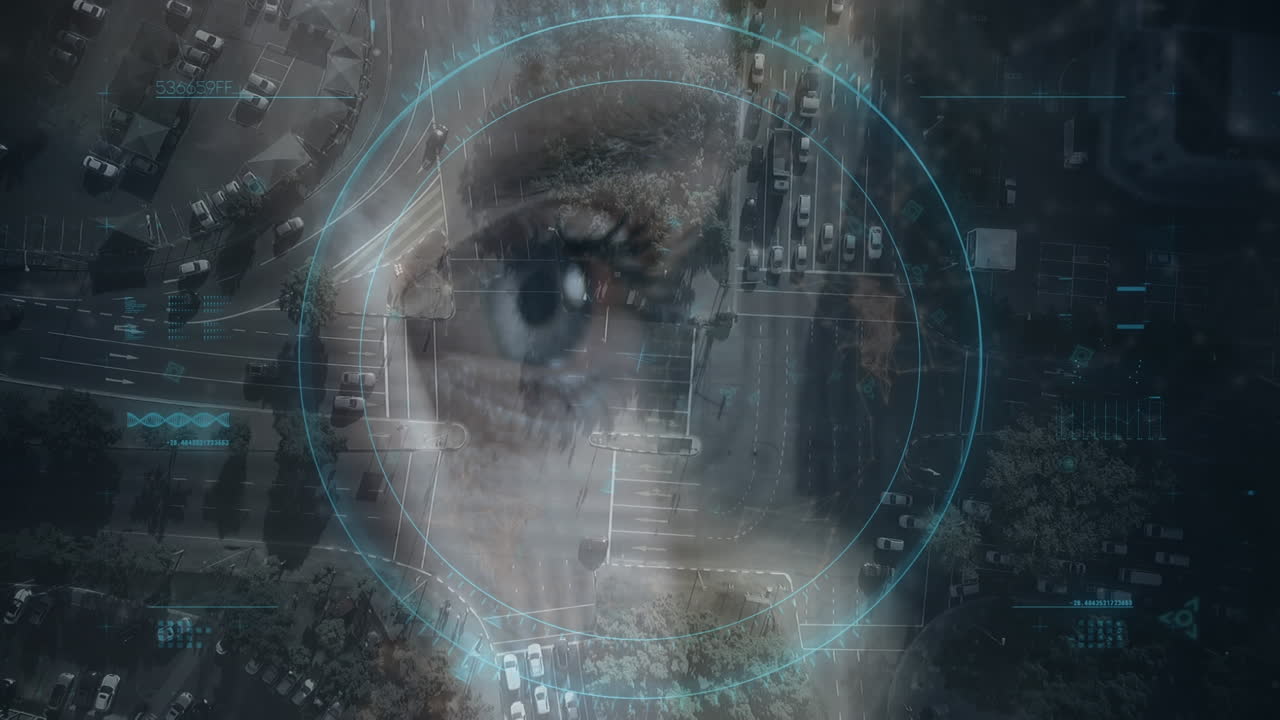 animación de moléculas y escaneo de alcance sobre el ojo de una mujer caucásica