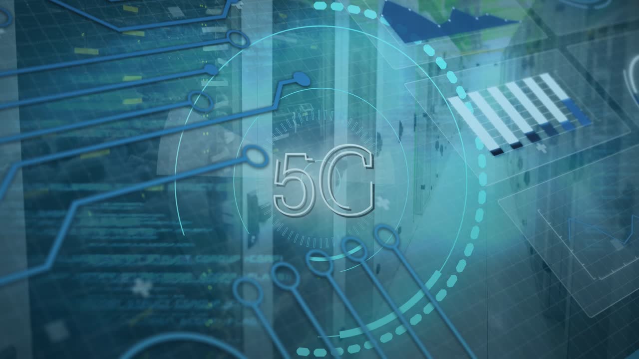 Animation of 5g and processing circles over servers