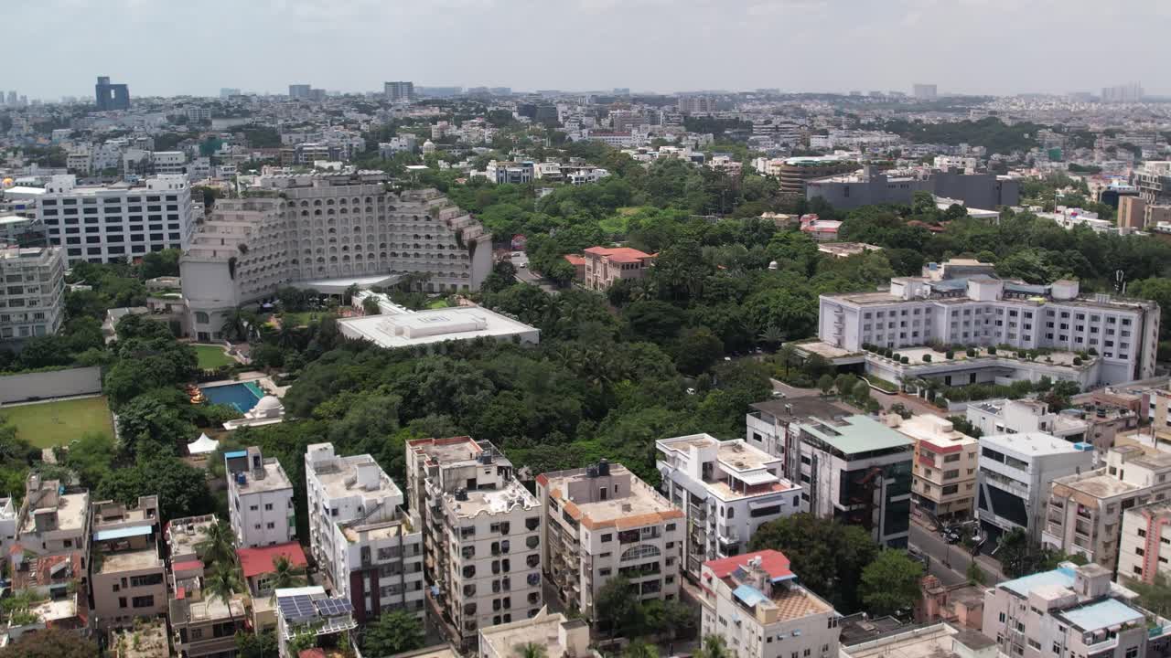 Aerial footage of Ritzy Banjara Hills is an upscale dining and nightlife hub centered on Road Number 1, where smart bars and cafes, high-end Indian restaurants, and hotels with nightclubs