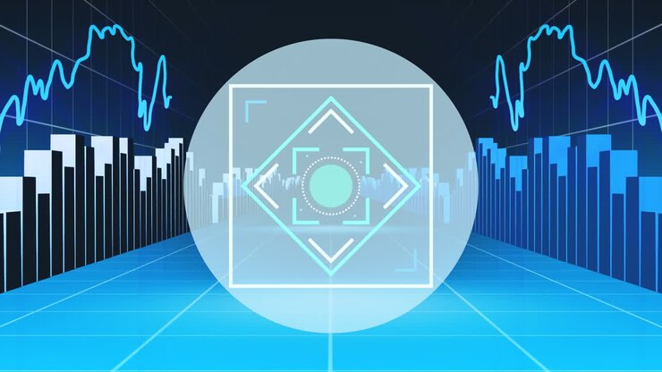 Animation of scope with markers scanning over statistics and data processing on blue background