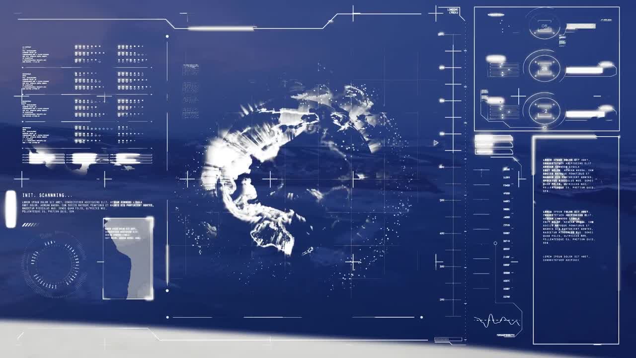 Animation of globe of connections over world map and data processing on screens