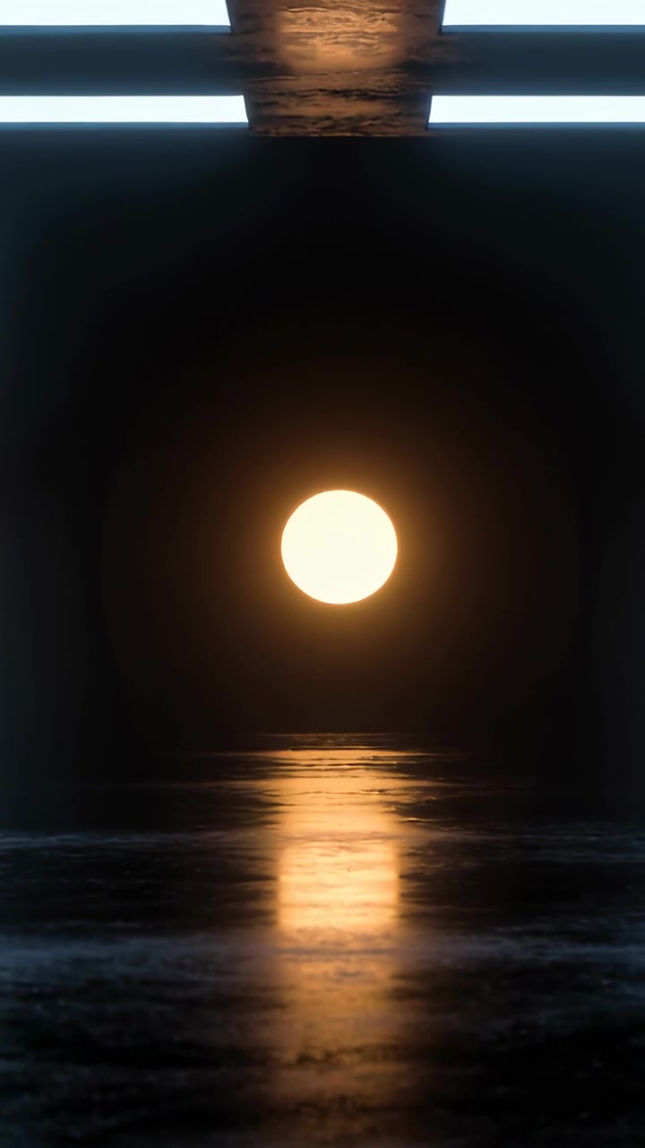 Vertical video: Glowing circular orb elongating reflection on glossy tunnel floor from ripples