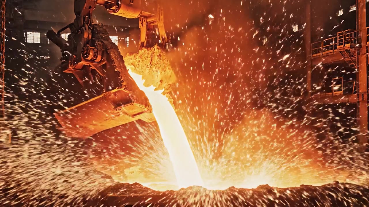 Processus de coulée de métal en fusion dans une fonderie industrielle : capturant la chaleur intense et l'énergie des techniques de fabrication métallurgique