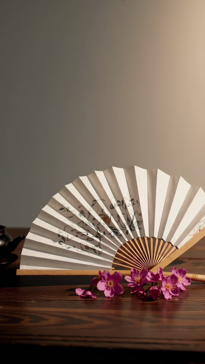 Elegant Asian Still Life with Fan and Flowers