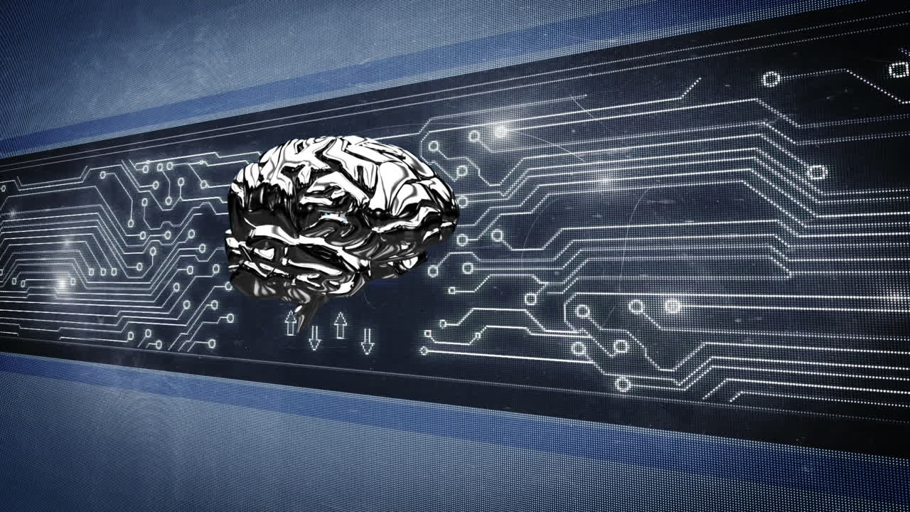 Metallic brain and computer circuit board on screen
