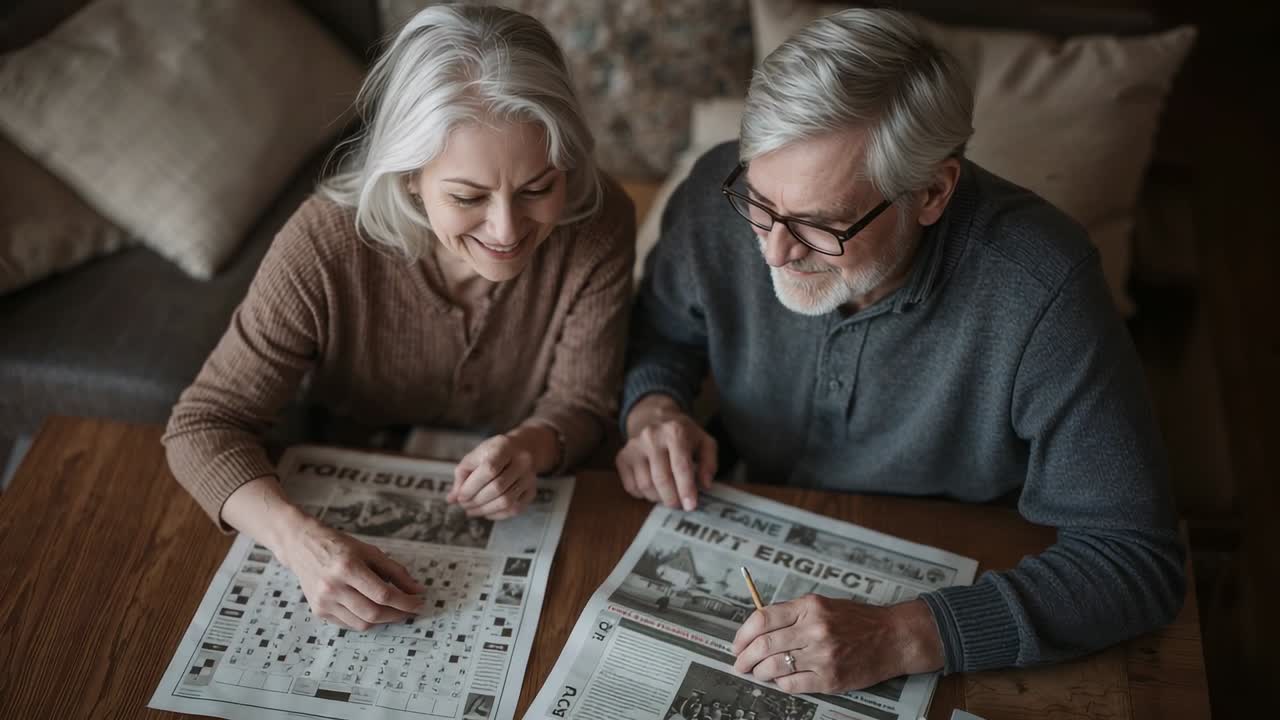 Opening papers, couple solving puzzle, marking pages with pencil for fun at home, brown sweater