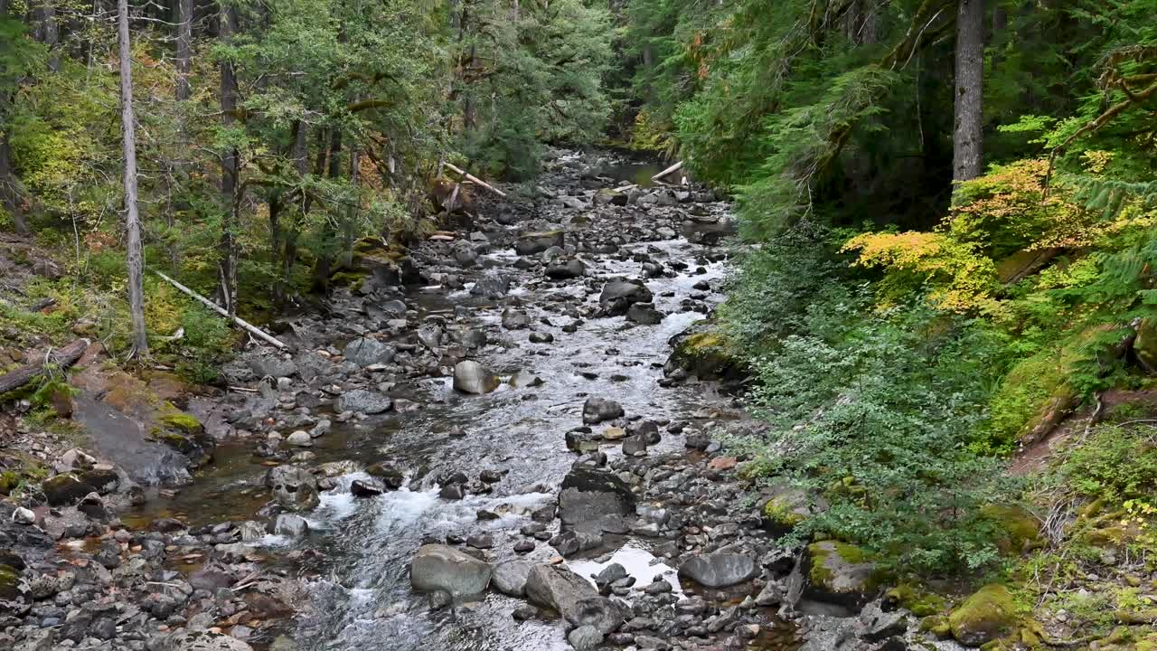 Pemandangan dasar sungai berbatu dengan air mengalir melaluinya, Washington, Pasifik Barat Laut.