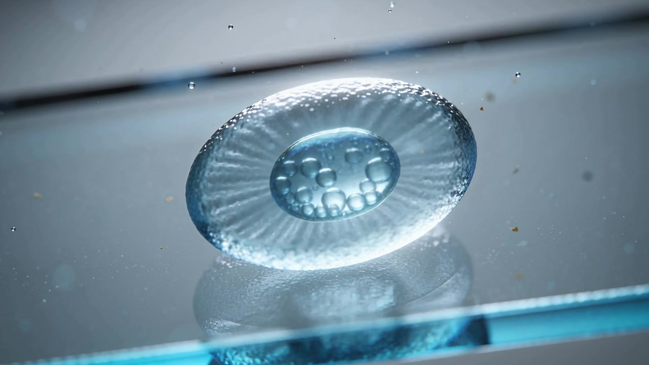 Gota oval azul clara inclinada, sequência de quadros causando bolhas movendo-se no vidro e reflexo