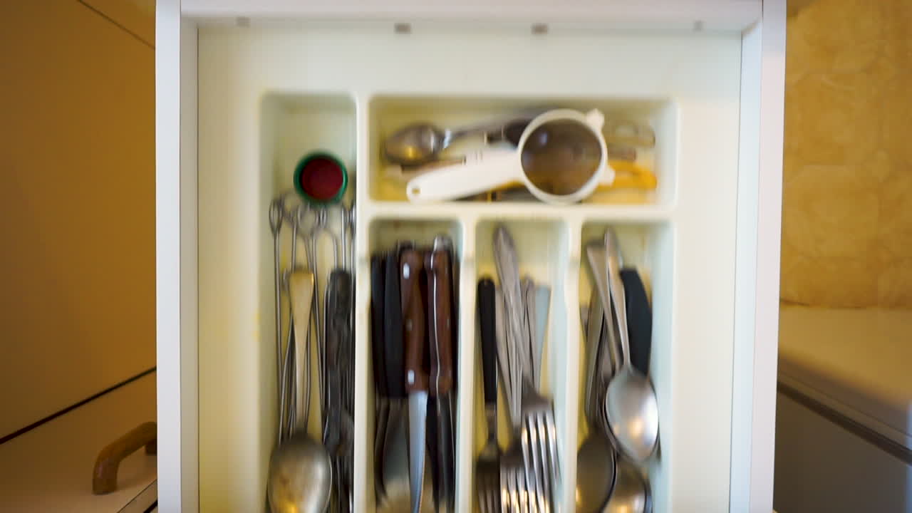 vista de arriba hacia abajo de las manos que abren el sorteo de la cocina, no toman nada y luego cierran el sorteo