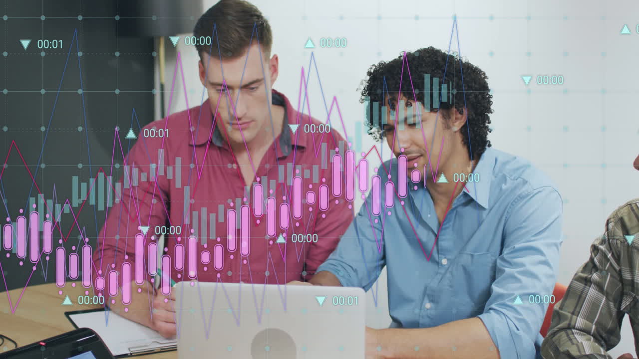 Animation of financial data processing over diverse business people in office