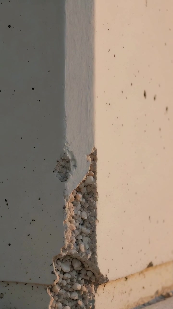 Video verticale: Telecamera che si sposta riprendendo un angolo di muro danneggiato alla base, destinato alla riparazione, mostrando della schiuma.