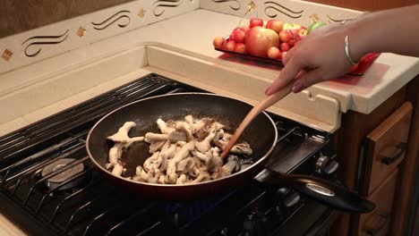 close up of woman sauteing fresh oyster mushrooms in butter in a skillet in an rv kitchen