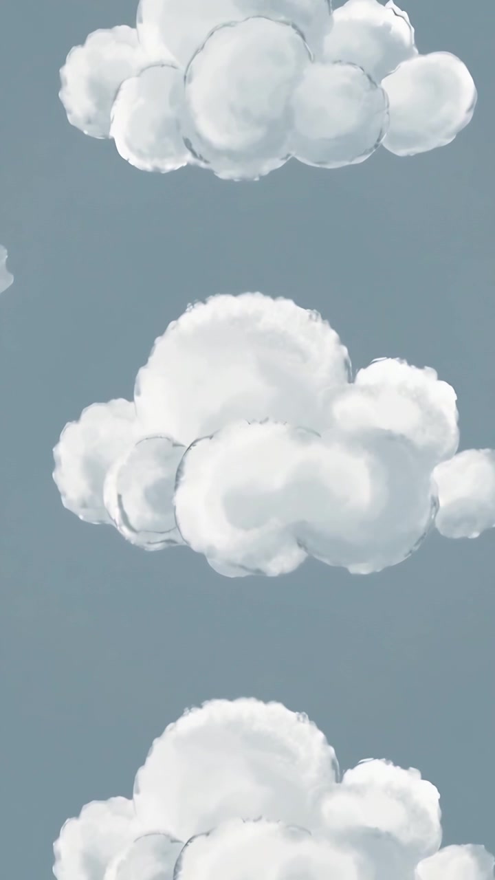 Vertical video: Playback starting, three painted clouds drifting down against muted sky as backdrop