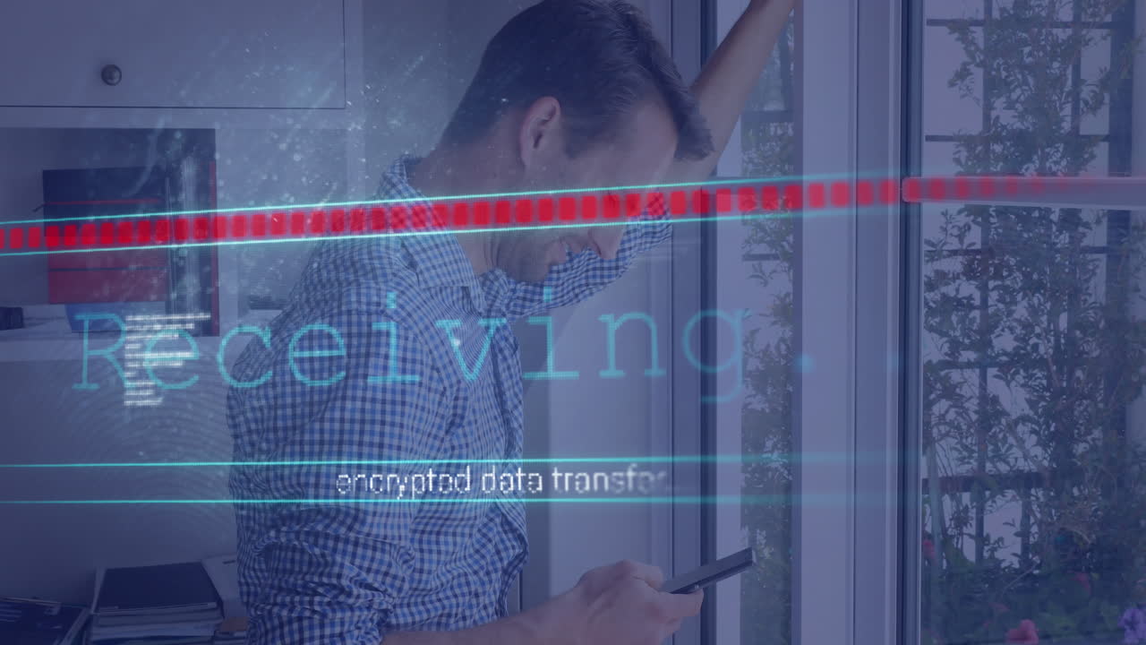 스마트폰을 사용하는 카우카스계 사업가에 대한 데이터 처리 애니메이션