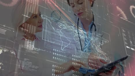 data processing over caucasian female doctor with digital tablet talking to caucasian female patient