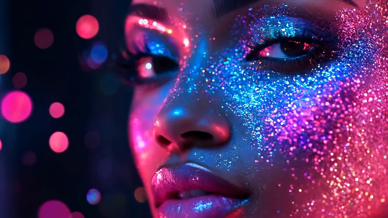 A woman with blue and pink face paint. The face paint is glittery and colorful. The woman has a serious expression on her face