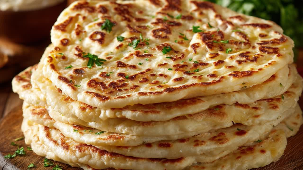 Deliciously Golden Brown Flatbreads Stacked Perfectly, Showcasing Their Fluffy Texture and Herb Garnish, Ideal for Sides or Wraps in Various Culinary Traditions