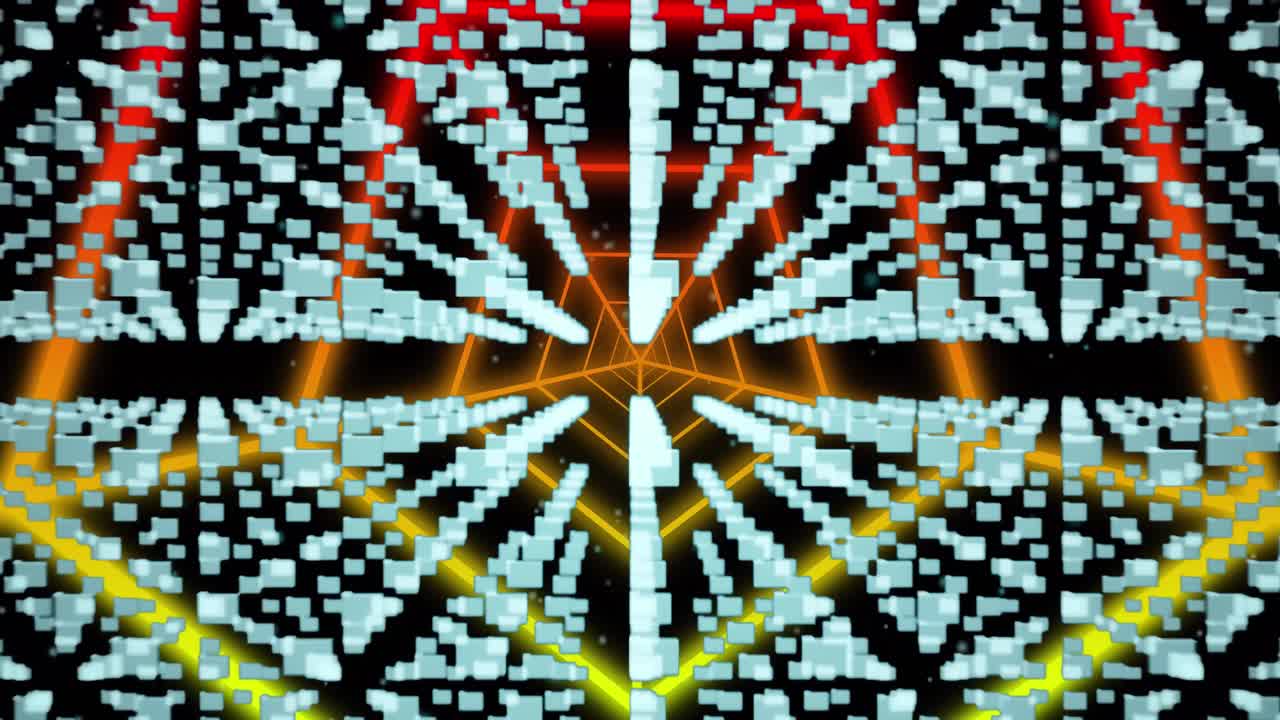 Animation of security padlock icon over hexagonal tunnel in seamless pattern on black background