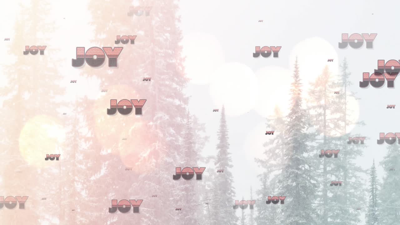 Animation of joy text in repetition at christmas over fir trees