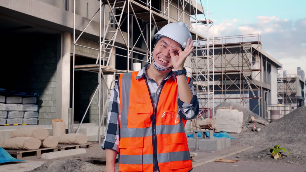 Asian Male Engineer With Safety Helmet Showing Ok Hand Sign Over Eye And Smiling To Camera While Standing At Building & Construction Site in Progress to New House