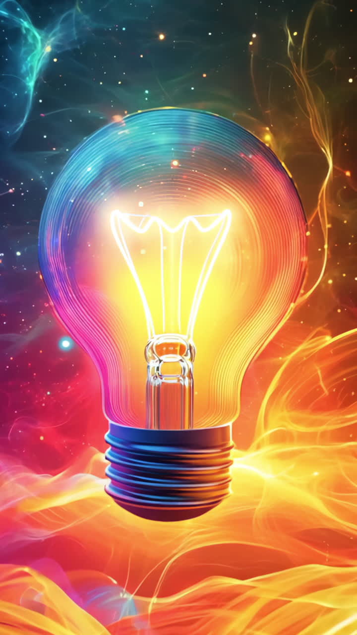 A glowing light bulb is surrounded by colorful flames, creating a sense of energy and excitement. The image conveys a feeling of inspiration and creativity. The vibrant colors of the flames