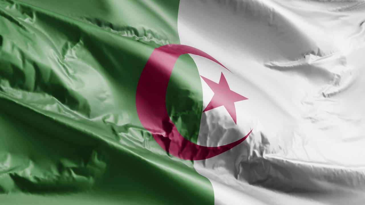 Bandiera dell'Algeria che sventola al vento in loop. Stendardo algerino che ondeggia nella brezza. Sfondo a schermo intero. Loop di 10 secondi