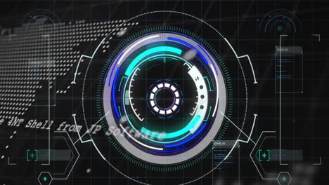 Animation of scope scanning over data processing and world map on black background