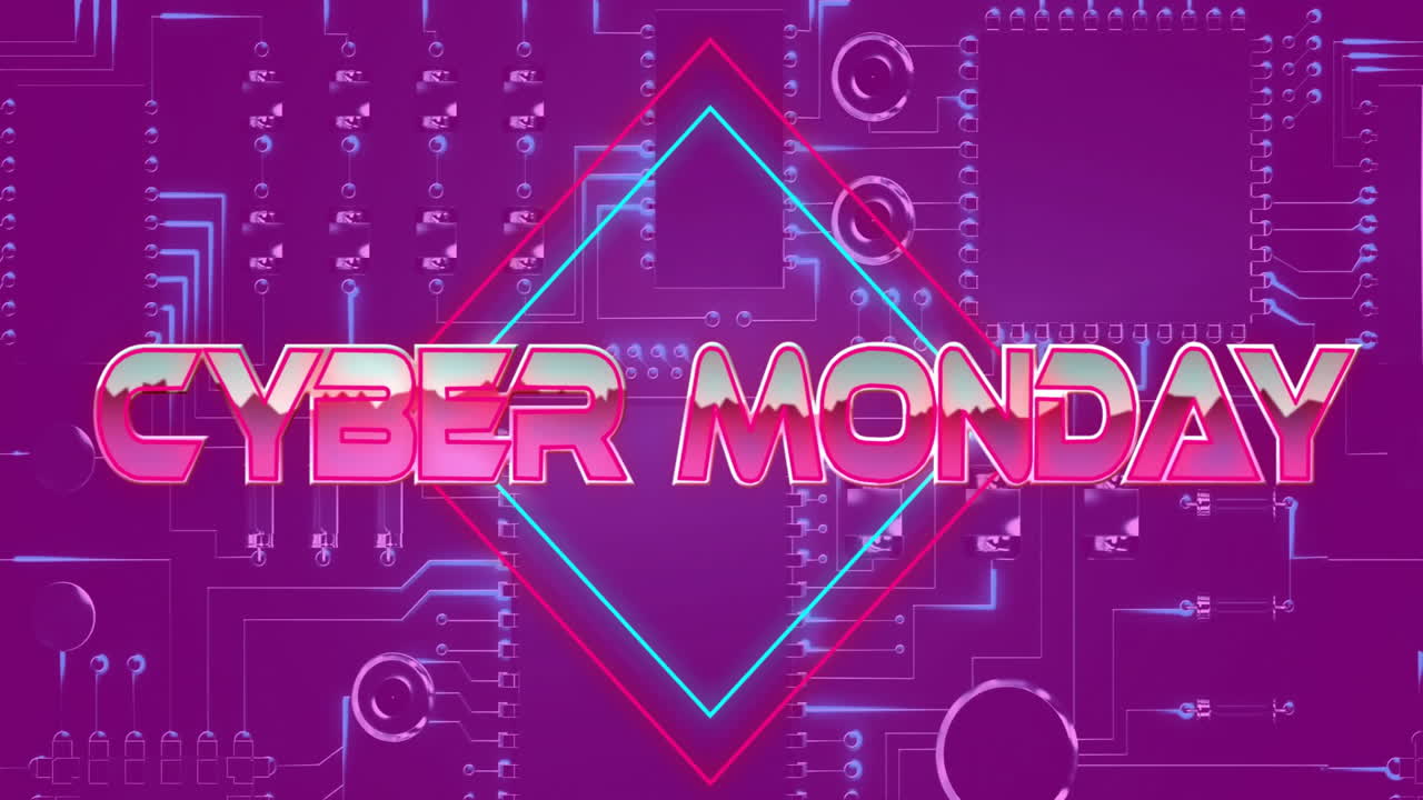 Cyber Monday text animation over circuit board design with neon colors