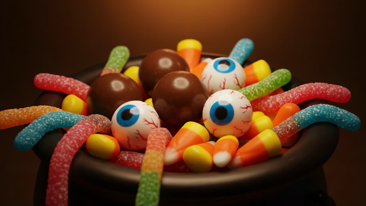 A Creative and Colorful Display of Halloween-Themed Candy: Featuring Gummy Worms, Chocolate Eggs, and Fun Edible Eyeballs for a Festive Treat